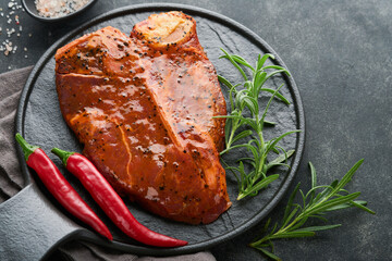 Raw steak t-bone or porterhouse. Steak t-bone or porterhouse in sauce with spices, salt and...