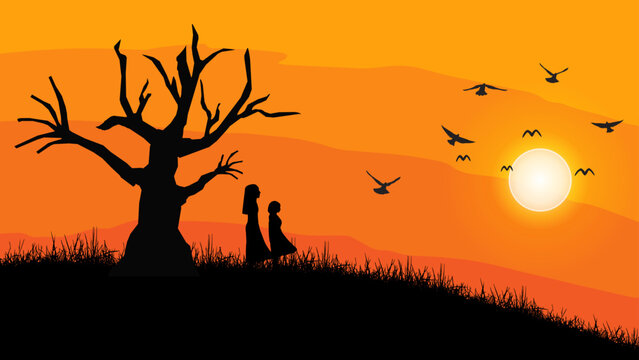 child looking birds silhouette in sunset sky. Vector illustration