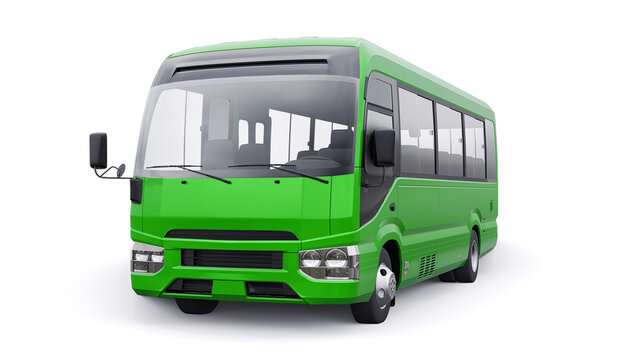 Small green bus for urban and suburban for travel. Car with empty body for design and advertising. 3d illustration