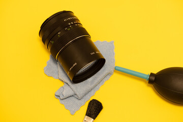 equipment for cleaning the lenses in the camera. air pump, cloth and brush