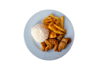 Chicken in curry sauce, rice, french fries in plate on isolated white background