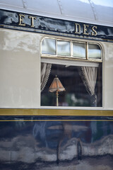 Famous Orient Express long distance passenger train stopped in Bucharest central train station. - 531400311