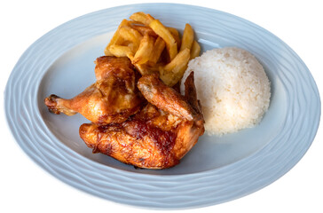 roasted chicken, rice, french fries in plate, on isolated background