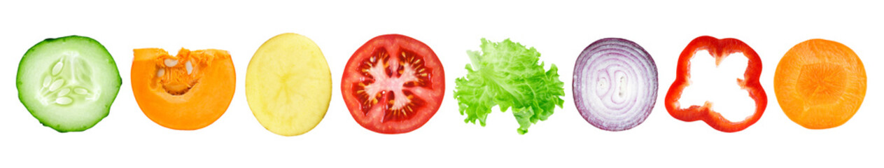 Sammlung von Gemüsescheiben isoliert auf transparentem Hintergrund. Frisches Essen. PNG-Format