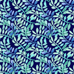 Seamless pattern of Leaves herb painted with watercolors on a dark blue background. For fabric, sketchbook, wallpaper, wrapping paper.