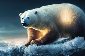 Polar bear on snow in arctic forest. Ursus maritimus species. White bear on snow in nature habitat. Wildlife scene from Antarctica and animal behavior in forest. 3D illustration and digital painting.