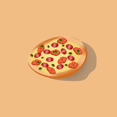 Italian pizza on beige  background with shadow with copy space. Pepperoni pizza with olives and tomato slice. Print for the pizzeria advertising banner. 