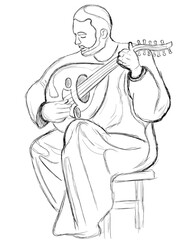 Sketch of Arabic oud player. Line art man playing the oud instrument. Hand drawn musician vector illustration