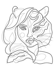 One line drawing woman tiger half face. Minimalist art, elegant continuous line female portrait. Vector illustration