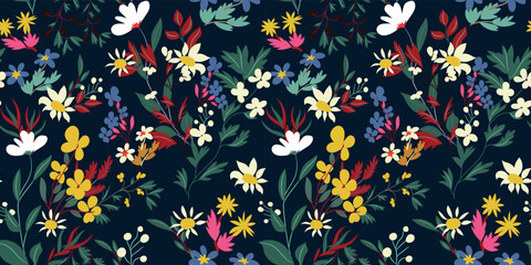Vector seamless floral pattern with various types of forest flowers, leaves, berries on a dark background. Colorful botanical print in a hand-drawn liberty style. Beautiful flowering plants 