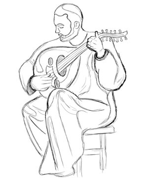 Sketch Of Arabic Oud Player. Line Art Man Playing The Oud Instrument. Hand Drawn Musician Vector Illustration