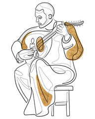 Arabic oud player. One line drawing man playing the oud instrument decorated with golden elements. Continuous line musician illustration