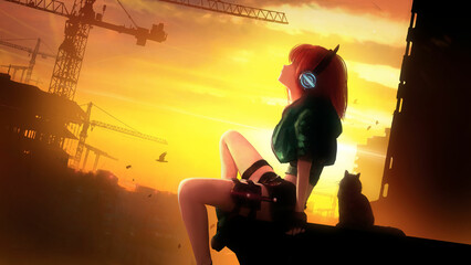 A cute young girl with red hair in shorts and a jacket is sitting on the roof of a building with a cat and looking up at the sky listening to music against of a bright sunset. 2d cartoon realistic art - 531402191