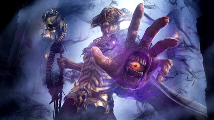 Creepy sinister monster with bared teeth with a black cloak and a staff of bones with a skull, he is an oracle of darkness with a hand in which an alive eye watches everything around. 3d rendering © warmtail