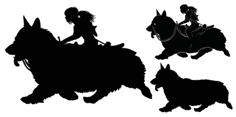 The black silhouette of a young girl, she is a knight traveler riding a cute huge corgi dog running merrily with her tongue out. 2d vector art