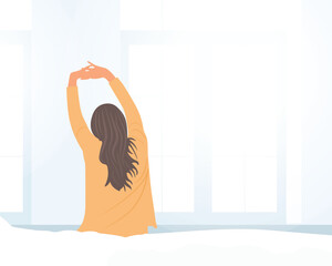 young woman feeling happy Waking up in the morning, stretching out in bed, raising your hands to start the day. Vector illustration.