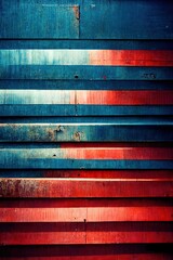 Red and blue Abstract aging enamel painted corrugated steel metal sheets - minimalistic patterns, rough grungy industrial rust texture. Modern digital art background.