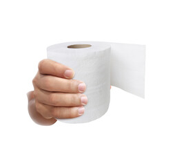 hand holding toilet paper over white background
