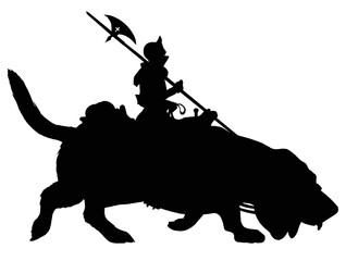 A black silhouette of a knight in plate armor riding a huge Basset Hound dog, he is a guard with a halberd making a patrol round. 2d vector art