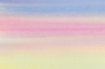 Blue, magenta and orange gradient. Abstract drawing of the sunset sky. Watercolor background.