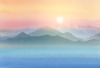 Obraz premium Abstract drawing of mountains, drawn with a brush on paper. Bright sky, mountains, sunset. Horizontal gradient from blue to orange watercolor background, wash technique.