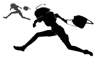 A black silhouette of a girl in a dynamic jumping pose, she is an anime character with a briefcase in her hand running away from her pursuers jumping over a cliff. 2d vector art