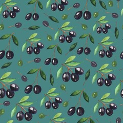 Watercolor kitchen seamless pattern of black olives. Hand painted illustration with olive branches and leaves isolated on green background. For design, print, wrapping, textile and fabric.
