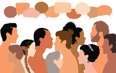 An dialogue between people. Multicoloured profile vector cartoon people. Communication between crowd of people sharing ideas. Crowd conversation.