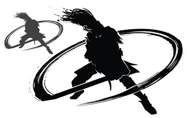 A black silhouette of a knight in plate armor in a helmet with a tail, he makes a circular swing with his sword leaving a blot mark along the arc in a combat action pose. 2d vector art