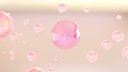 3D cosmetic rendering Serum bubbles of various colors on a blurred background. Design of collagen bubbles. Elements of Moisturizing and Serum Concept. Concept of vitamins for beauty and personal care.