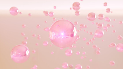 3D cosmetic rendering Serum bubbles of various colors on a blurred background. Design of collagen bubbles. Elements of Moisturizing and Serum Concept. Concept of vitamins for beauty and personal care.