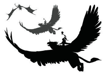 A black silhouette of a knight rider with a hammer in his hand, he flies astride a large griffin with wings spread wide. 2d vector art
