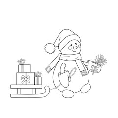 Cute winter kids coloring book with snowman. Christmas festive black and white vector illustration with simple shapes and editable stroke.