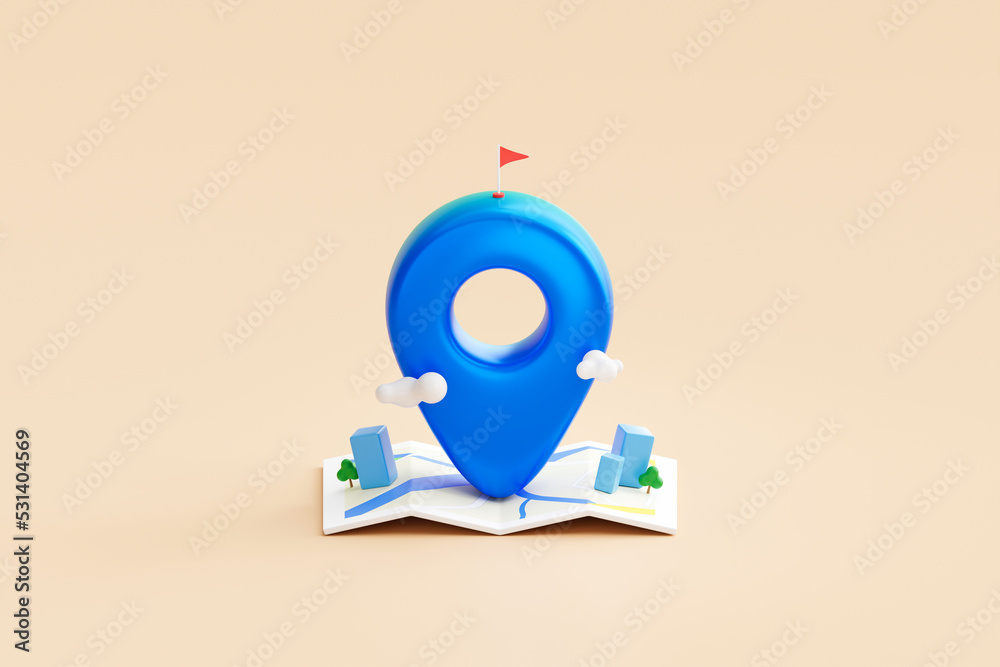 Fototapete Gps navigation pin location map on travel pointer icon 3d background with blue web contact marker sign concept or global address place position navigator guide and simple find direction mark symbol.