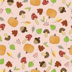 Vector autumn seamless pattern background with leaves, pumpkin, acorn, and mushroom. Perfect for background, wallpaper, and fabric printing