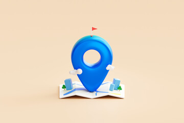 Gps navigation pin location map on travel pointer icon 3d background with blue web contact marker sign concept or global address place position navigator guide and simple find direction mark symbol.