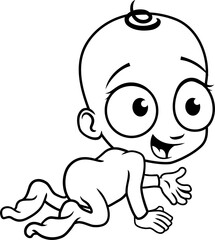 Cute Cartoon Baby Eating Food With Spoon and Bowl