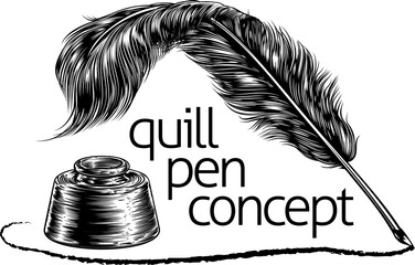 Quill Feather Pen and Ink Well Concept