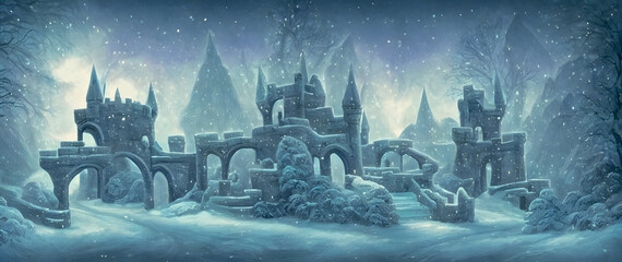 Artistic concept painting of a beautiful winter castle, background illustration.