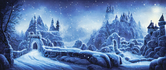 Artistic concept painting of a beautiful winter castle, background illustration. - obrazy, fototapety, plakaty