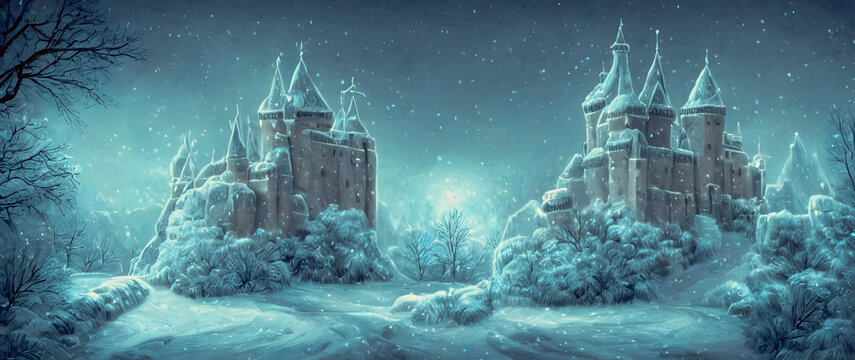 Artistic concept painting of a beautiful winter castle, background illustration.