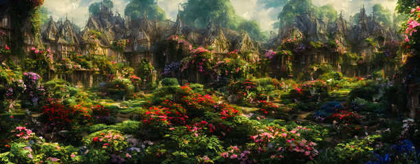 Fototapeta na wymiar Artistic concept painting of a beautiful garden with house, background illustration.