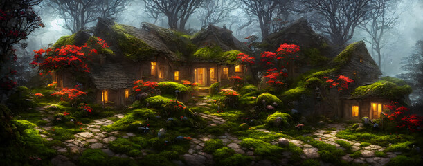 Artistic concept painting of a beautiful garden with house, background illustration.