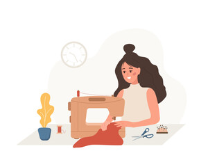 Woman seamstress at sewing machine sews clothes. Young female tailor create clothes in studio. Fashion designer or dressmaker. Vector illustration in flat cartoon style. Hobby concept.