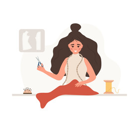 Woman seamstress with scissors cuts red fabric. Young female tailor create clothes in studio. Fashion designer or dressmaker. Vector illustration in flat cartoon style. Hobby concept.