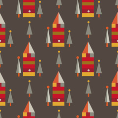 Obraz na płótnie Canvas Seamless mosaic vector hello autumn bauhaus pattern with triangular gnome houses on brown chocolate background for boys and girls apparel. For gift and wrapping paper and textile.