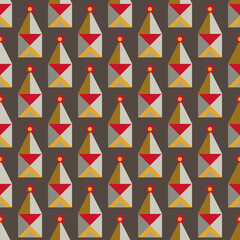 Seamless vector simple flat pattern with high roof ghome houses with yellow new year stars on brown background for kids textile or wallpaper and autumn holiday gift  and packaging