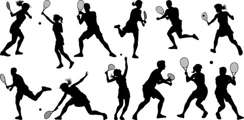 A set of tennis player man and woman silhouette sports people design elements