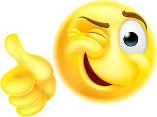 A winking cheeky emoticon cartoon face giving a thumbs up icon
