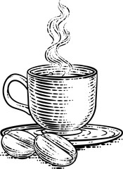 Fototapeta Coffee Beans And Cup Vintage Woodcut Illustration obraz